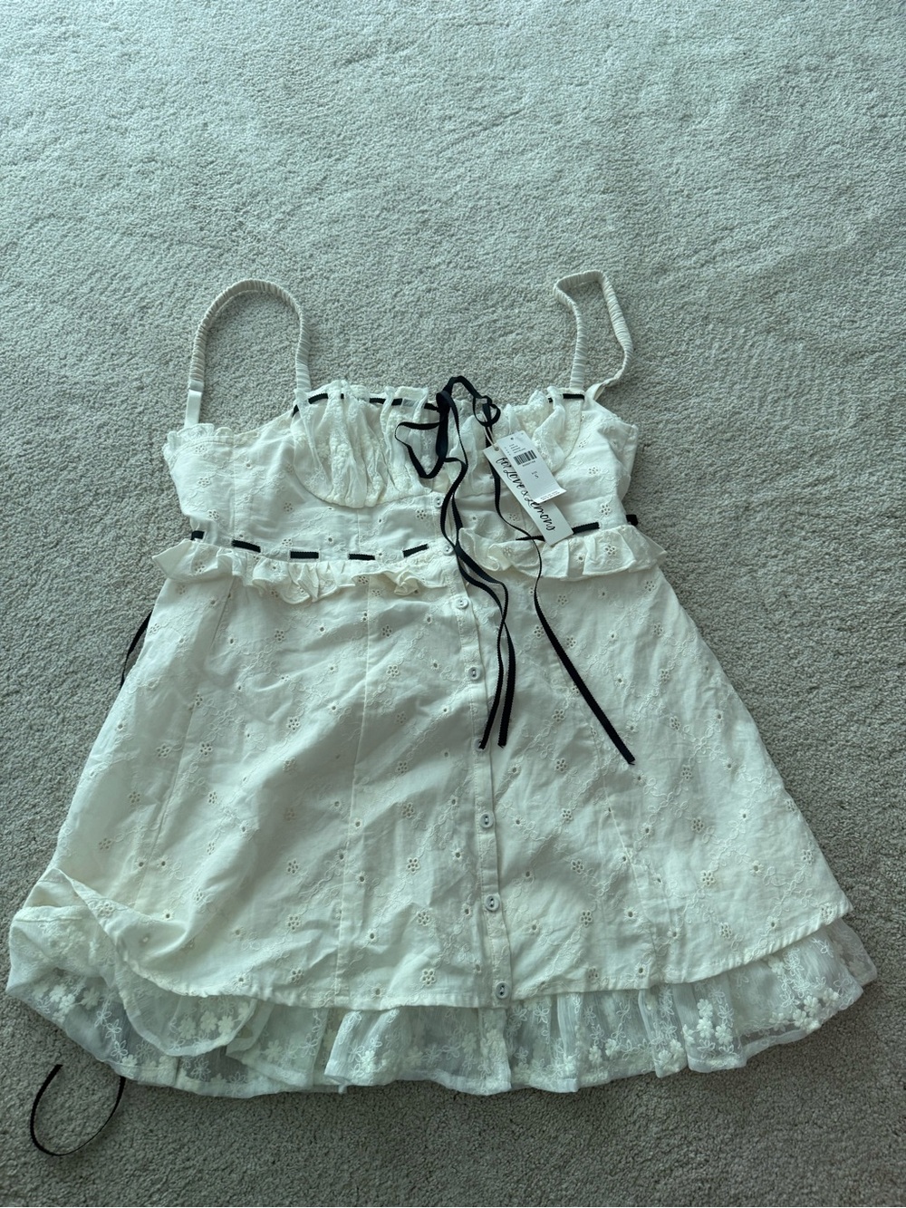 For Love & Lemons White Eyelet Lace Sundress with Black Ribbon Detail